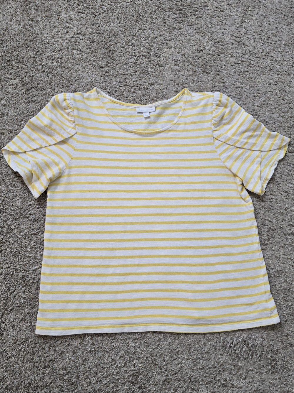 Charter Club Yellow/White Striped Scoop Neck Ruffle Sleeve 100% Cotton Tee L